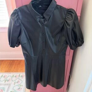 Zara Black Faux Leather Puff Sleeve Blouse